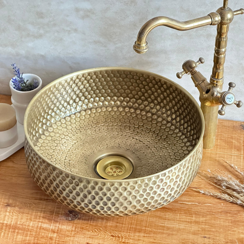 14" Hand-hammered Aged Brass Bathroom Vessel Sink – Round Artisan Bowl For Vanity Or Powder Room