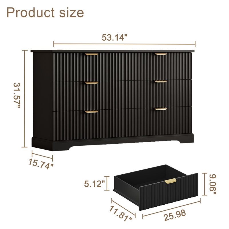 53.1" W 6-Drawer Double Dresser, Fluted Wooden Chest of Drawers with Metal Handle, Black