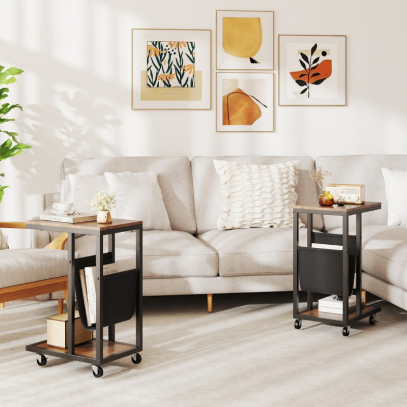 Table d'appoint en forme de C avec pochette de rangement en toile et structure en métal