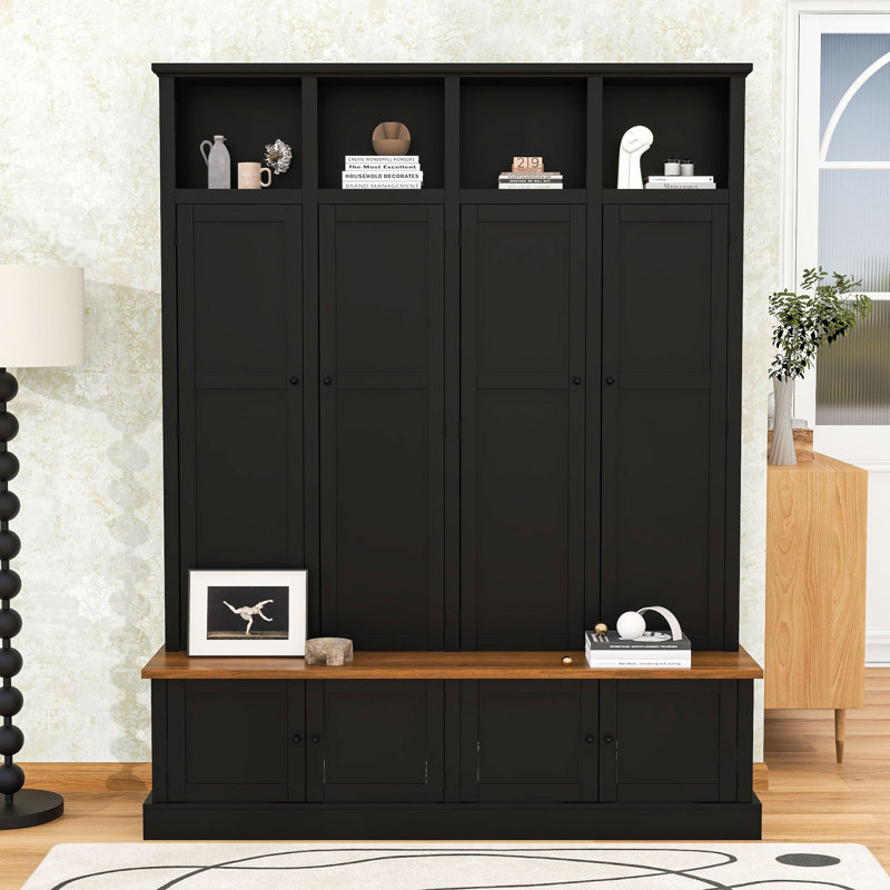 Elegant Hall Tree with Bench, Hooks and Storage Cabinet, Black