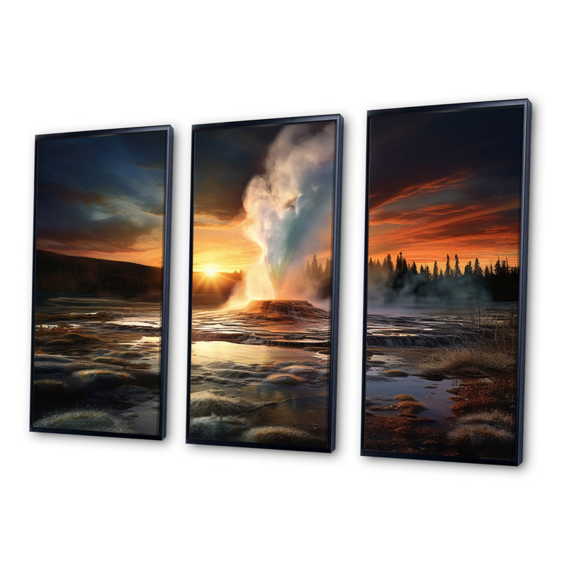 Volcanic Eruption At Sunset II - Geyser, ensemble d'art sur toile, Cadre flottant noir, H 40 po x l 60 po x P 1 po