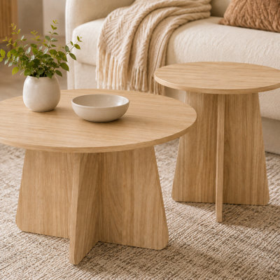 Round Nesting Side Table Set of 2, MDF Wood Grain Finish, Cross Base