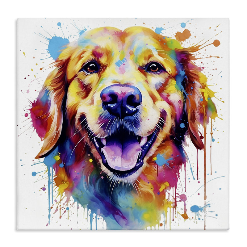 «Happy Dog Paint Drip» par Marybeth Cunningham, H 30 po x l 30 po x P 1,5 po