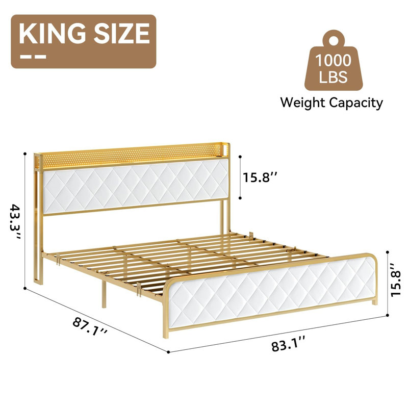 Bed Frame With Velvet Storage Headboard , Platform Bed Frame With Storage Charging Station LED Light Bed Frame, White, King