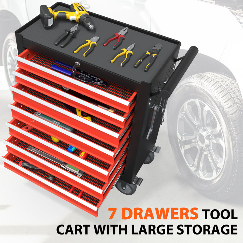 Efficient Storage Tool Cart & Worktable With Smooth Drawer Slides And Versatile Organization, Black/Red