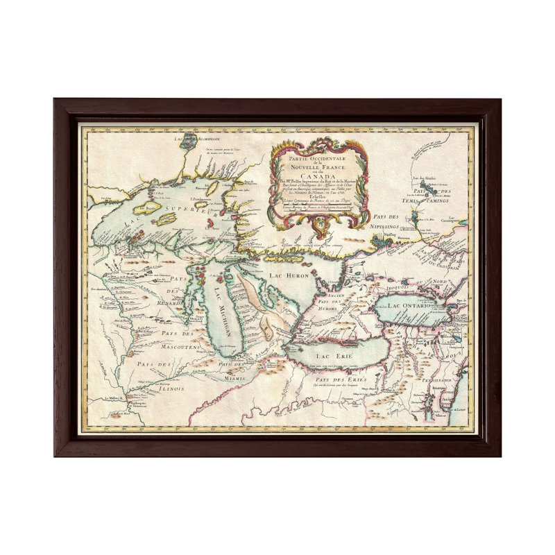 Carte de la Nouvelle-France, H 24 po x l 32 po, Canevas, Encadrement brun