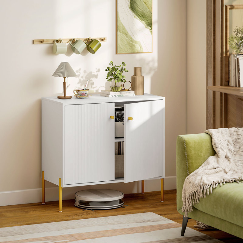 Buffet avec portes cannelées, armoire moderne 32 po, blanc, White
