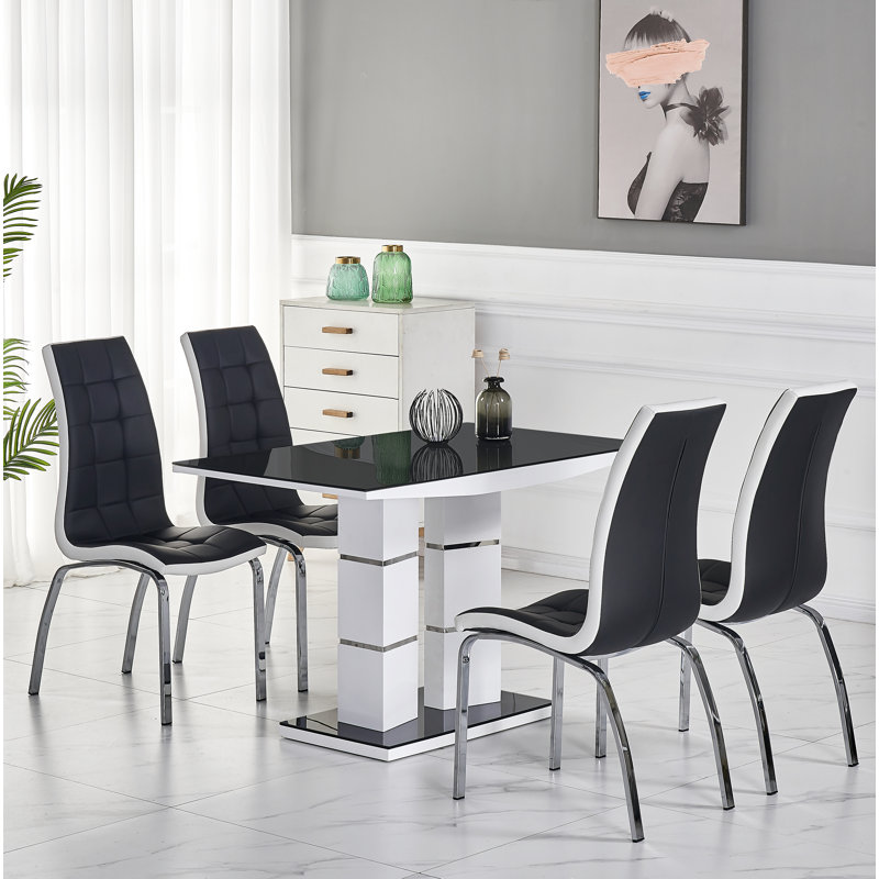 4 - Person Dining Set, Black, Black/White