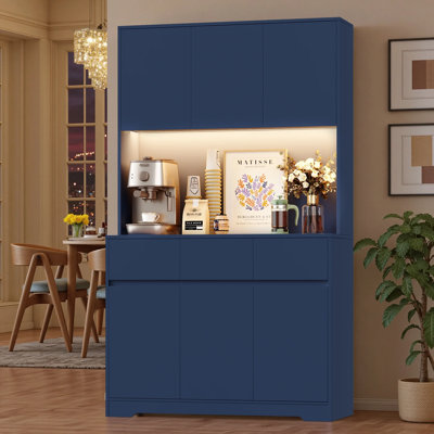 Green & Blue Freestanding Pantry Cabinet With Charging Station - Adjustable Shelves, LED Light, 3 Drawers Storage Organizer For Kitchen by Wrought Studio