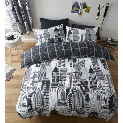 City Life Grey/Black/White 132 TC Reversible Duvet Cover Set