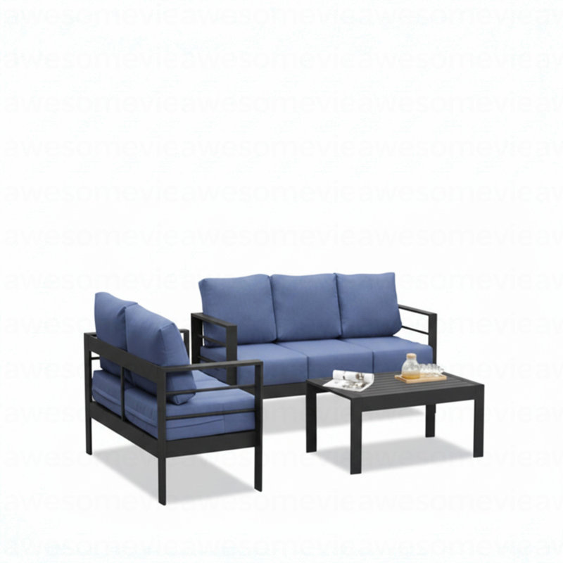 Ensemble de conversation de patio 3 pièces en aluminium 3 pièces, canapé d'extérieur 5 places avec coussins bleus épais et structure noire et table basse