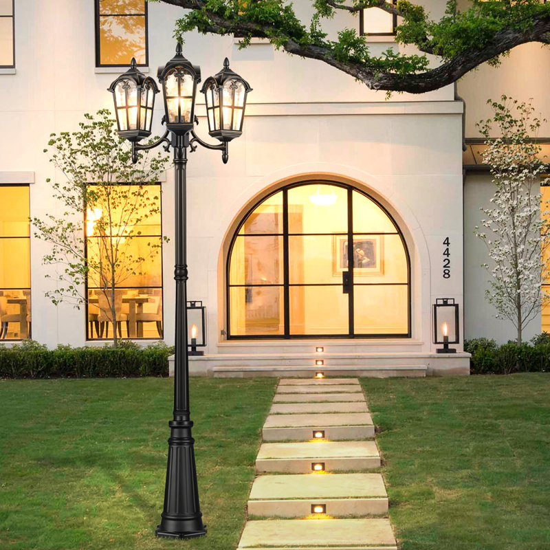 Luminaire extérieur noir à 3 têtes pour lampadaire avec crépuscule à l'aube