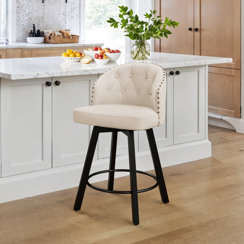Tabouret de comptoir pivotant 26 po avec dossier et structure en métal, Lin / lin
