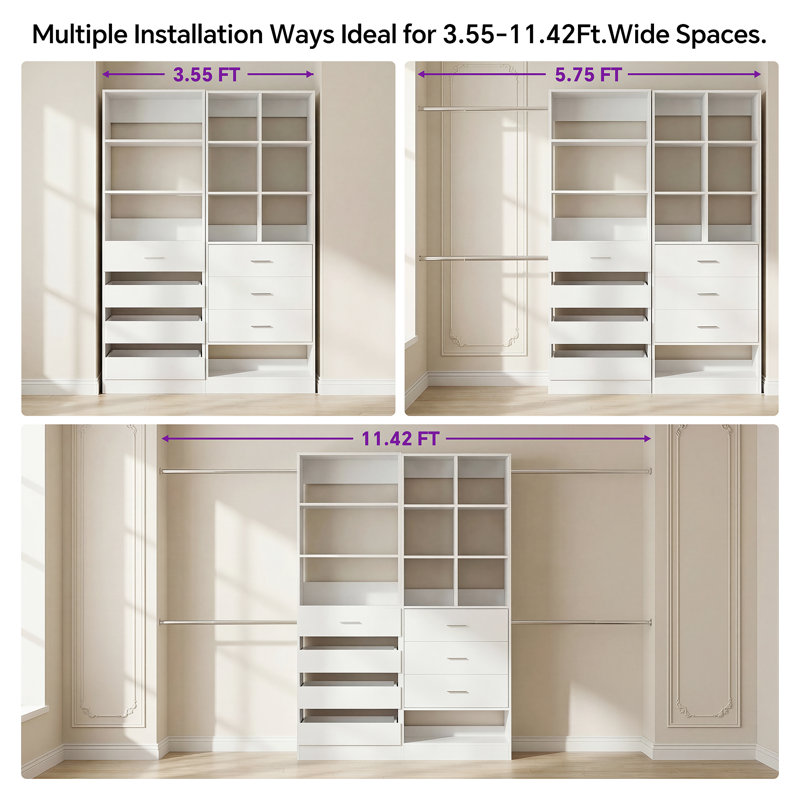 Modular Walk-In Closet System With 4 Hanging Rods, 3 Shelves & 7 Drawers - Versatile Storage Solution, White