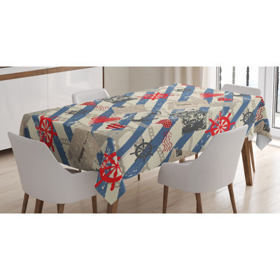 Nappe nautique, motif de mer avec des formes et des rayures diagonales grunge vieillies, nautique, couverture de table rectangulaire pour décor de cuisine de salle à manger, 52 po x 70 po, beige rouge bleu
