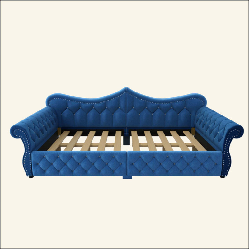 Lit de jour rembourré avec décoration à DEL et tête de clou, Bleu
