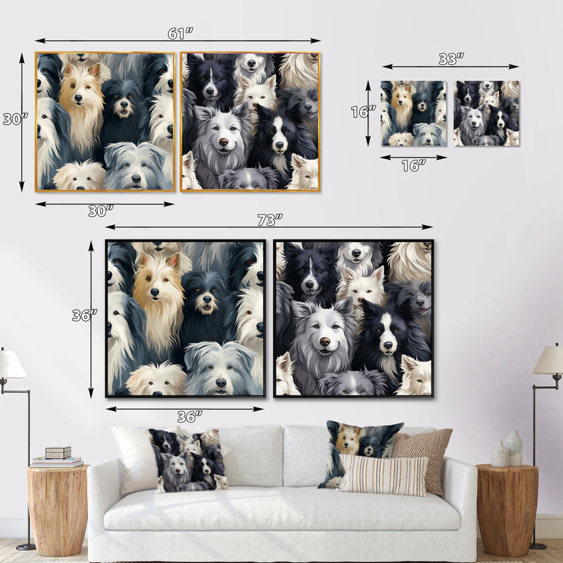 Motif de chien de berger à poil long pour chambre d'enfant - ensemble de 2 animaux carrés, Cadre flottant brun