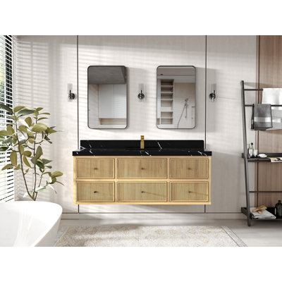 Sonoma Solid Floating Teak 60 In. W X 22 In. D Single Sink Bathroom Vanity In Light Natural With 2 In. Viola Gold Quartz -  Willow Collections, SON_TK_FLT_LNT_CA_BK_60S