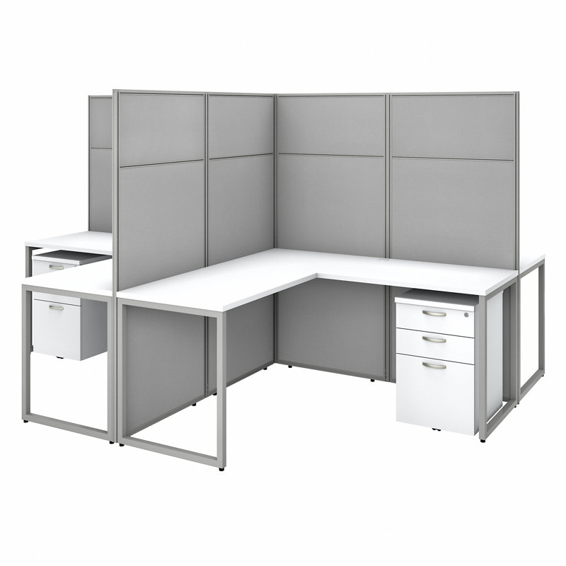 Easy Office 4 Person L-Shaped Desk with Drawers and Panels Cubicle - Reversible, Pure White
