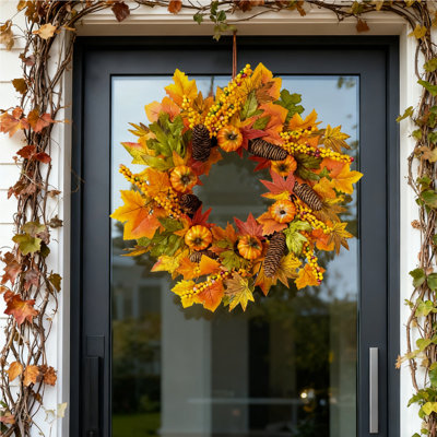 Fall Wreath 17.7Inch Artificial Autumn Front Door Wreath with Pumpkin Cluster of Berries Maple Leaves Pine Cones Acorn for Outside Indoor Wall Window Festival Thanksgiving Harvest Fall Decor