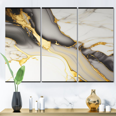 " Abstract Geode Marble White And Gold II " 3 - Pieces