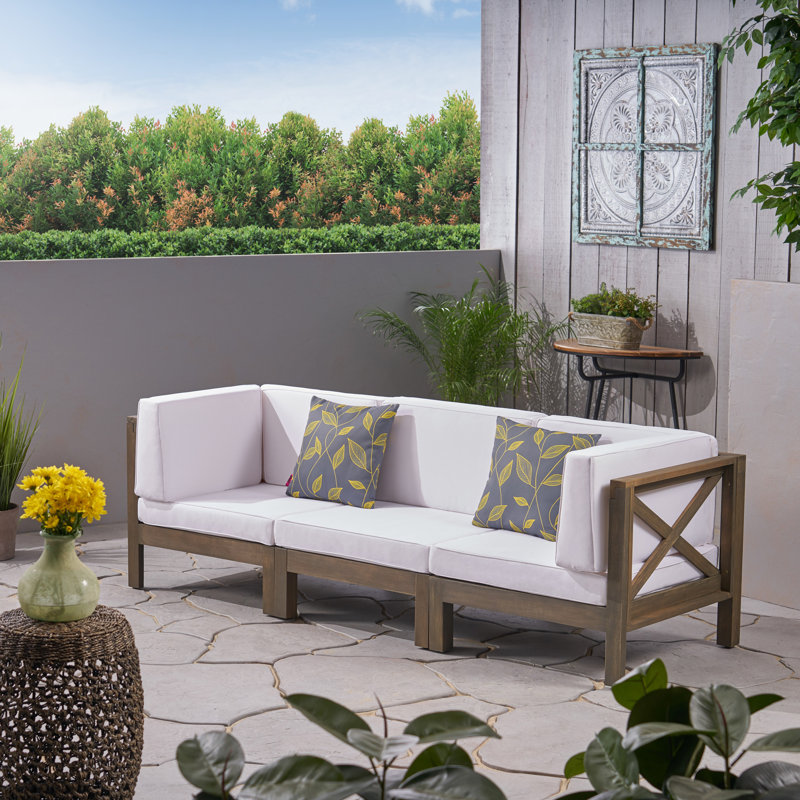 30.3'' Wide Wood Patio Sofa with Cushions, Gray Finish Frame / White Cushion