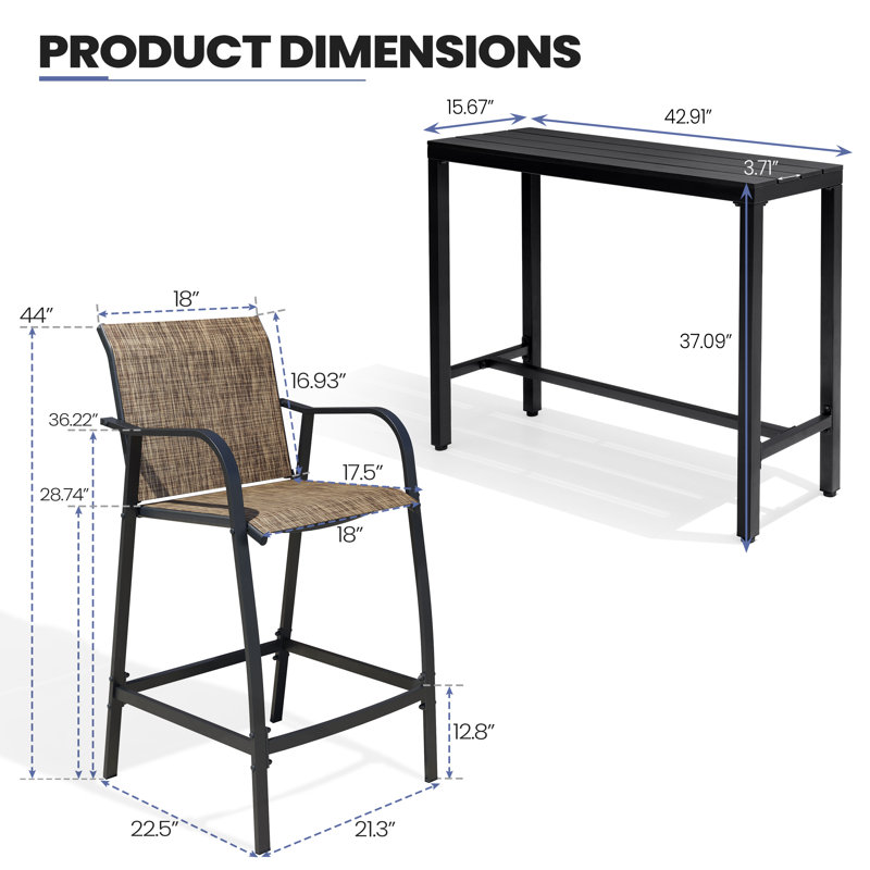 2-person Patio Outdoor Dining Set (3-piece Set, Rectangular Table), Black, Earth