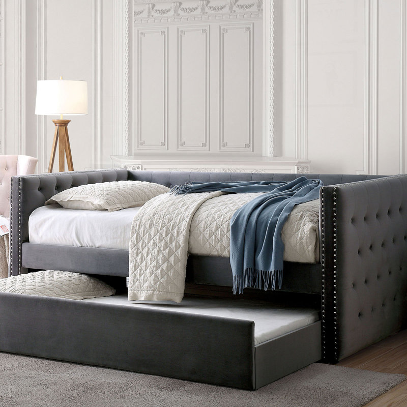 Lit de jour simple en bois massif avec couchette, Gris