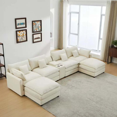 148-inch 7-piece sofa set, with a center console, coffee table and 6 pillows, suitable for spacious living rooms and meeting rooms
