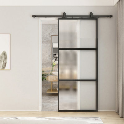 36"x84'' Reeded Glass Sliding Barn Door with Installation Hardware Kit Barn Door