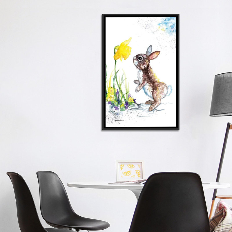 Lapin et jonquille par BebesArts - reproduction d'art, H 40 po x l 26 po x P 1,5 po, Toile avec cadre noir, Pas de tapis