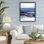 Paysage aquarelle dans un cadre flottant bleu, design par 1x