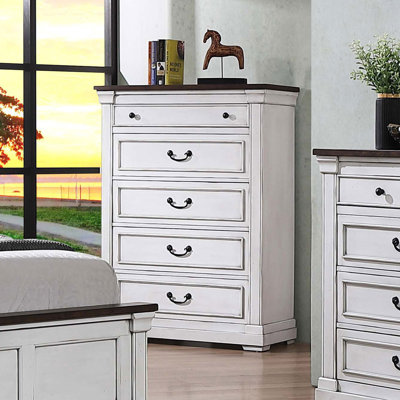 Commode de chambre à 5 tiroirs Arneta - blanc vieilli
