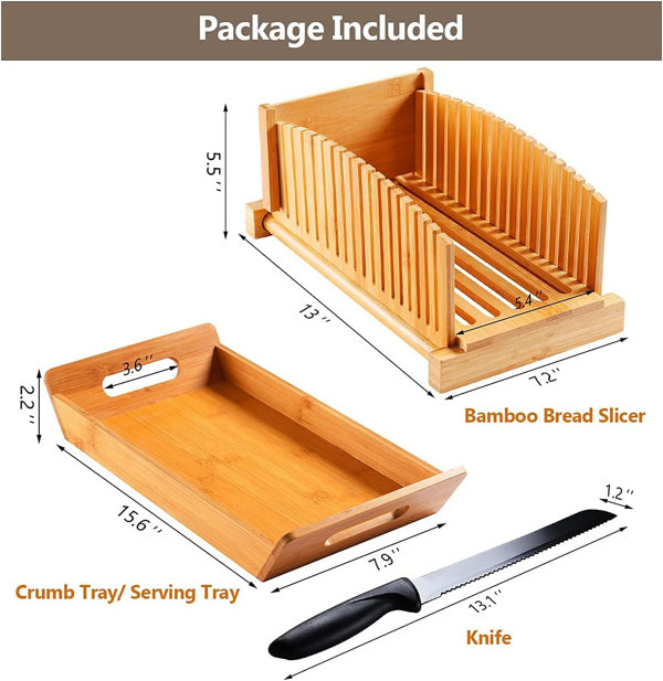 Elaine Mercure Premium Bamboo Bread Slicer With Serrated Knife Crumb Tray  For Homemade Bread Foldable