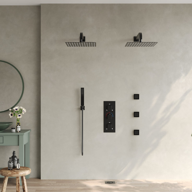 Wall‑Mounted Dual 12" Thermostatic Rain Shower System with Handheld Shower and Body Jets, Matte Black