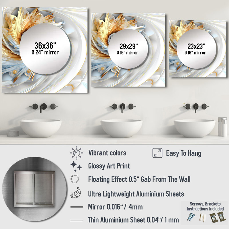 «Whirling tandis que Glam Fractals» en or et blanc II - miroir carré de fractales pour décoration murale, 23 po x 23 po