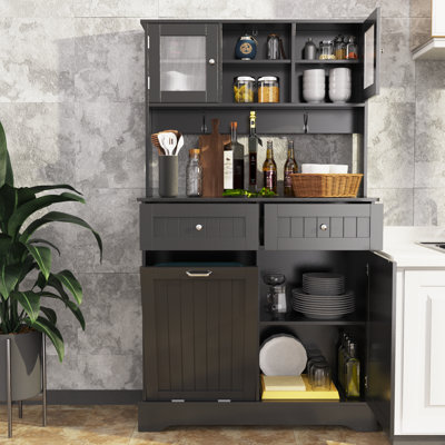 Tall Kitchen Pantry Storage Cabinet, Cupboard With Drawers And Trashcan, Shelves For Dining Room
