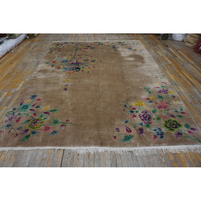 Antique Ivory Room Size Knotted Chinese - Art Deco Wool Rectangle 1920s Rug