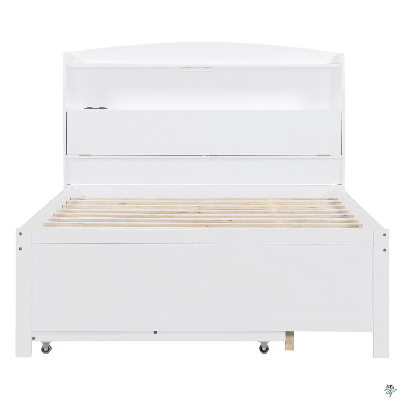 Lit plateforme double en bois avec lit gigogne, tête de lit et tiroirs, Blanc