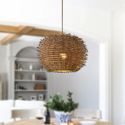 18" Coastal Handwoven Rattan Globe Dimmable Pendant Light, 1-Light Dimmable Hanging Light For Kitchen Island