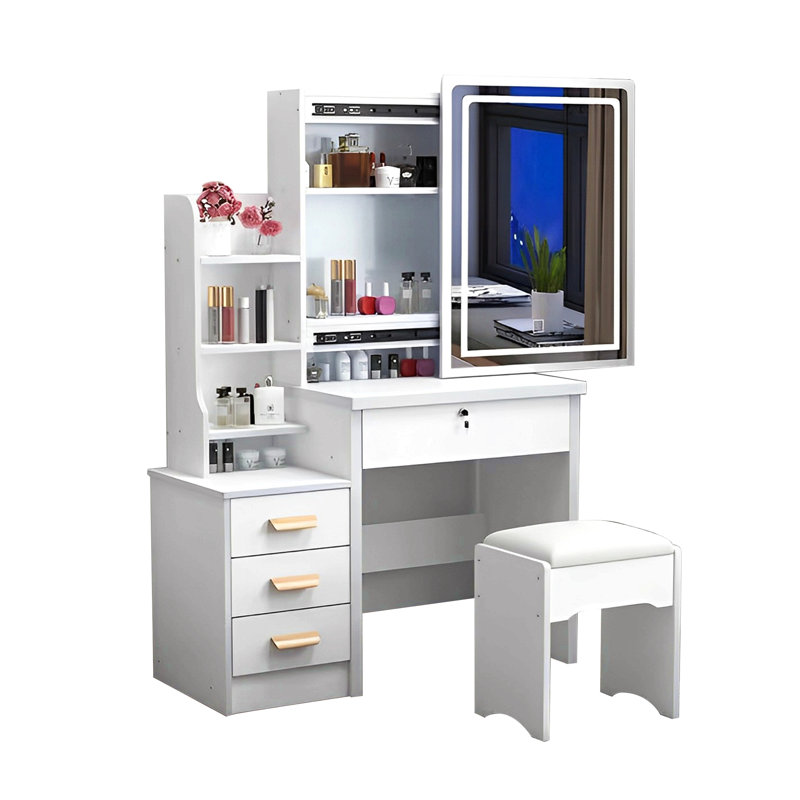 Fashion Vanity Desk With Mirror And Lights For Makeup And Chair, Vanity Mirror With Lights And Table Set With 3 Color Lighting Brightness Adjustable, 4 Drawers