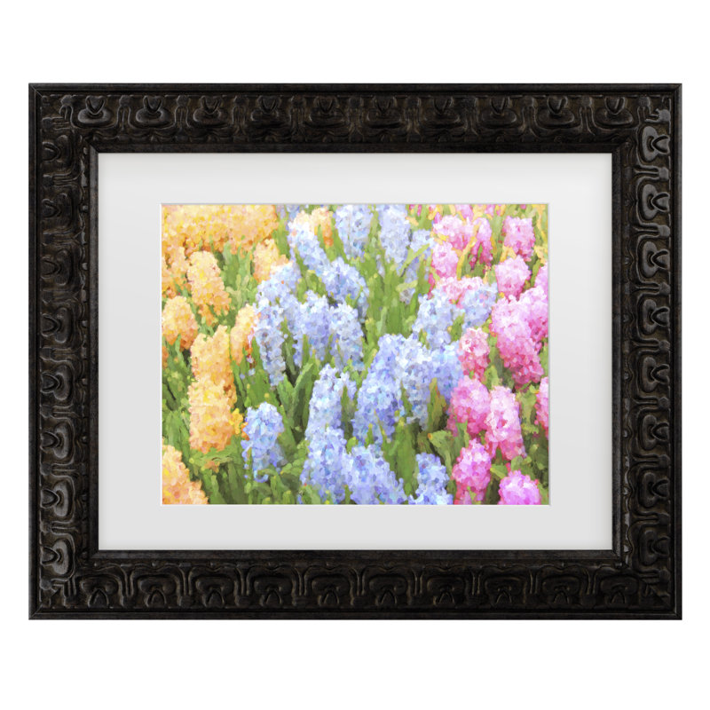 Œuvre sur toile, jacinthe Marie, printemps, H 14,5 po x l 17,5 po, Encadrement gris foncé