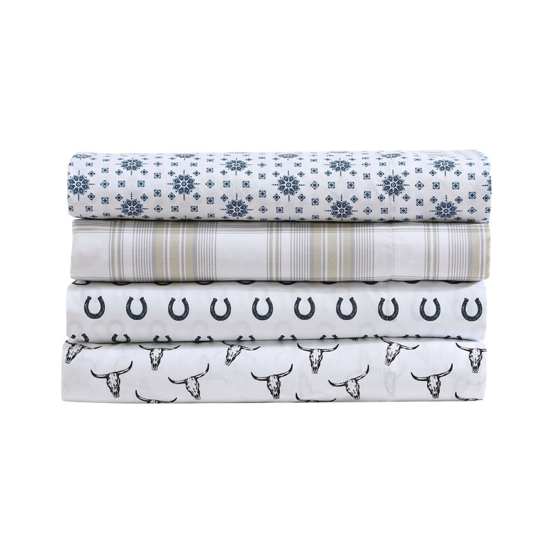 Wrangler Printed Cozy Novelty Sheet Sets, Full Sheet Set with 2 Pillowcases, Steer Skulls Black