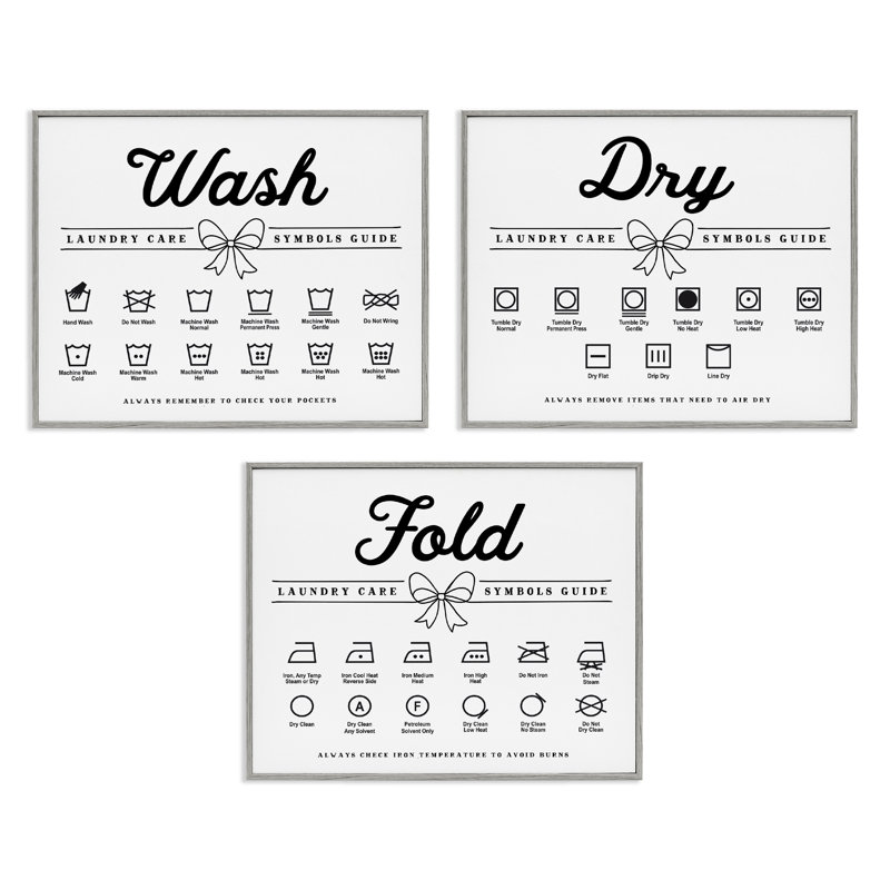 «Wash Laundry Symbols Bow Accent», ensemble de 3 giclées encadrées, design par lettré et doublé, Estampe numérique Farmhouse