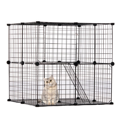 Grande cage à chat à 2 niveaux, 71 x 71 x 71 cm, enclos en fil de fer métallique démontable à monter soi-même, cage de transport idéale pour l'intérieur et l'extérieur, pour petits animaux, noire, avec rampe, échelle et plateforme de repos réglable.
