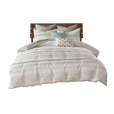 Cotton Printed Comforter Set With Trims Off White/Gray King/Cal King