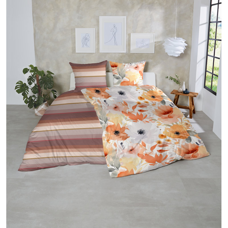 Riga Cotton Striped Duvet Cover Set with Pillow Shams, 155 x 220cm Duvet Cover + 1 Standard Pillowcase, Petrol/Grey/Pink