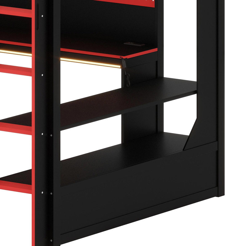 Space-Saving Loft Bed Frame with Workspace, Ambient Lights & Charging Hub, Black+Red