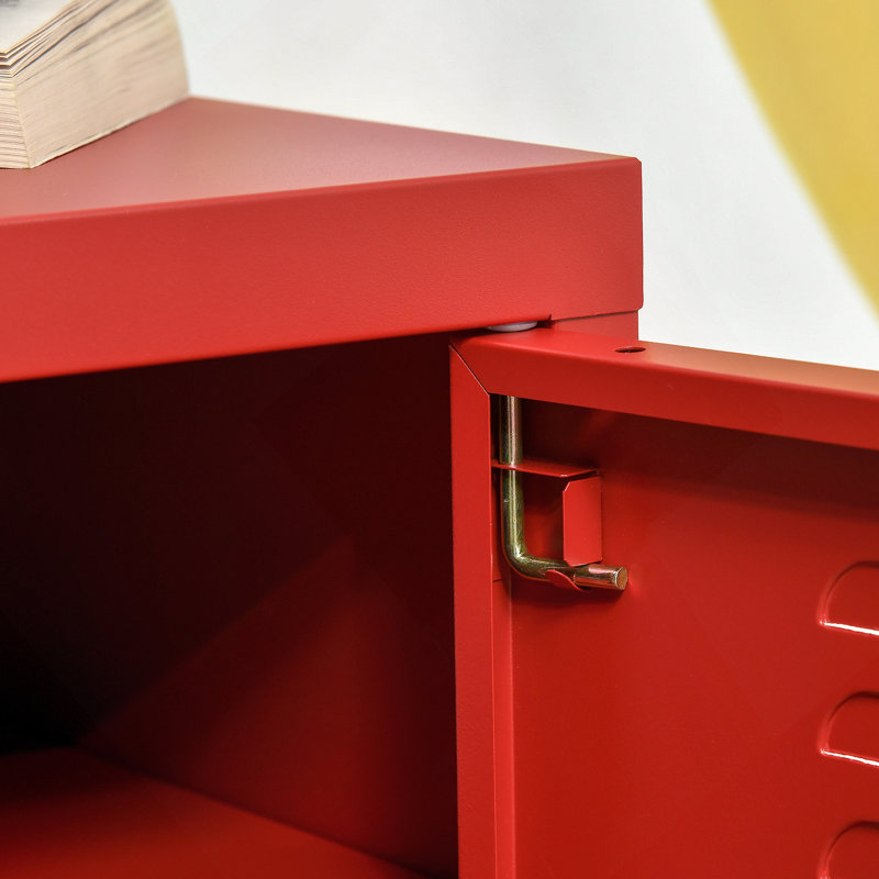 Table de bout industrielle, table d'appoint de salon avec porte de style casier et tablette réglable, Rouge