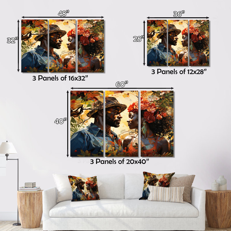 «African Couple Resilient I» sur toile, reproduction de 3 pièces, H 40 po x l 60 po x P 1 po